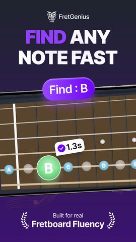 FretGenius guitar fretboard trainer showing Find: F with a 1.3s response