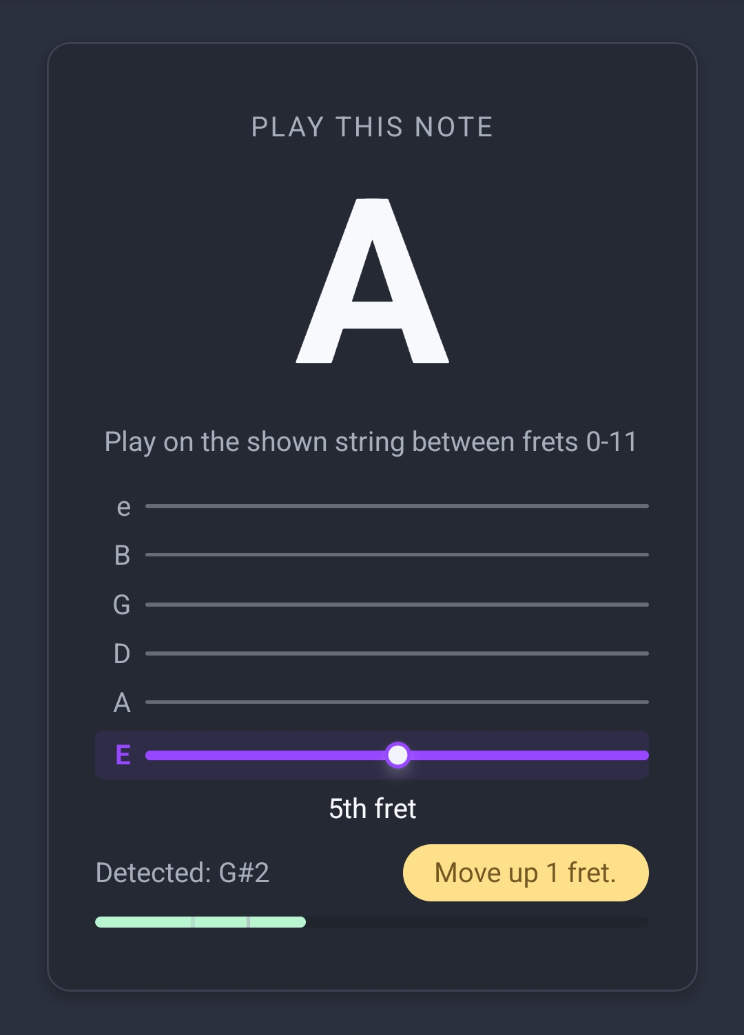 Microphone Note Trainer preview confirming a played A note on the low E string