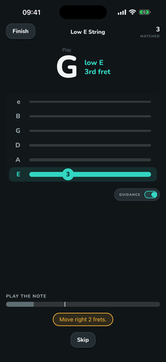 FretGenius microphone fretboard trainer giving real-time fret guidance