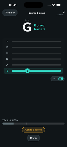 Entrenador con micrófono de FretGenius guiándote al traste correcto en tiempo real