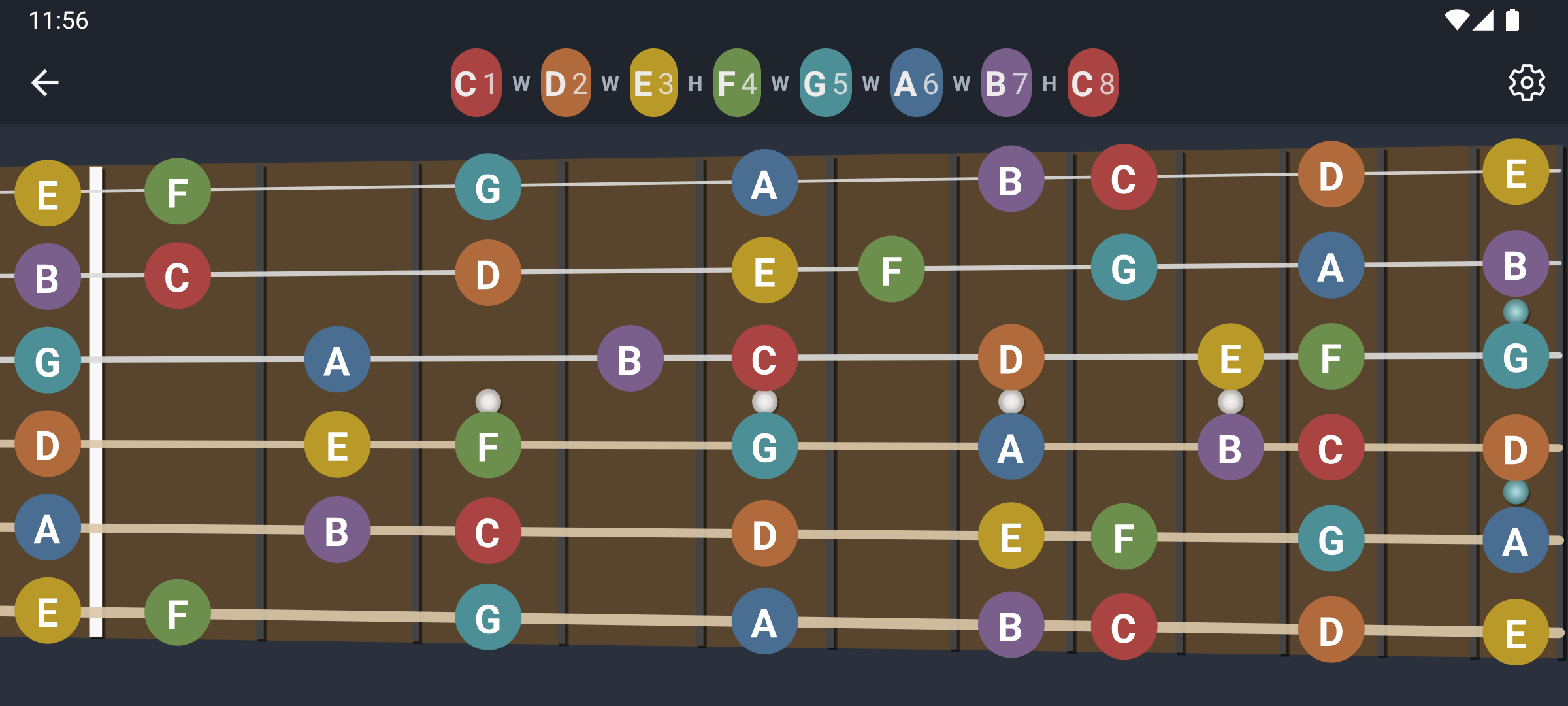 Scale Explorer with colored notes and intervals on the fretboard